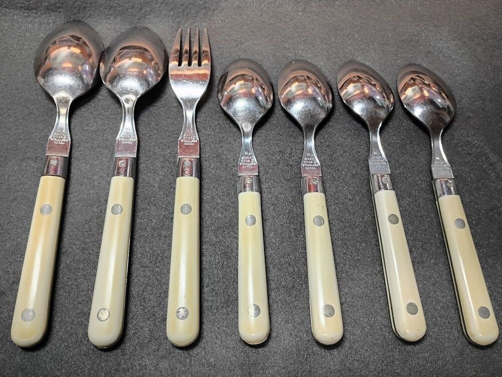 WF Mardi Gras Stainless Flatware Korea Ivory Handle 7pc Fork Spoon Set Vintage - Picture 7 of 10